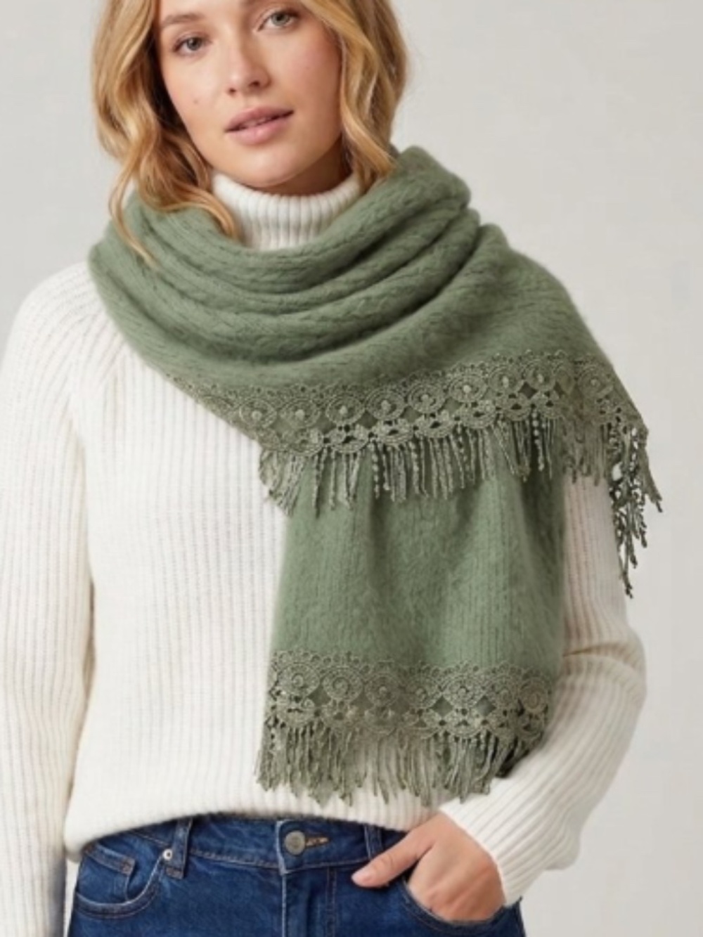 Luxury Cashmere Mohair Blend Fine Knit Scarf with Guipure Lace